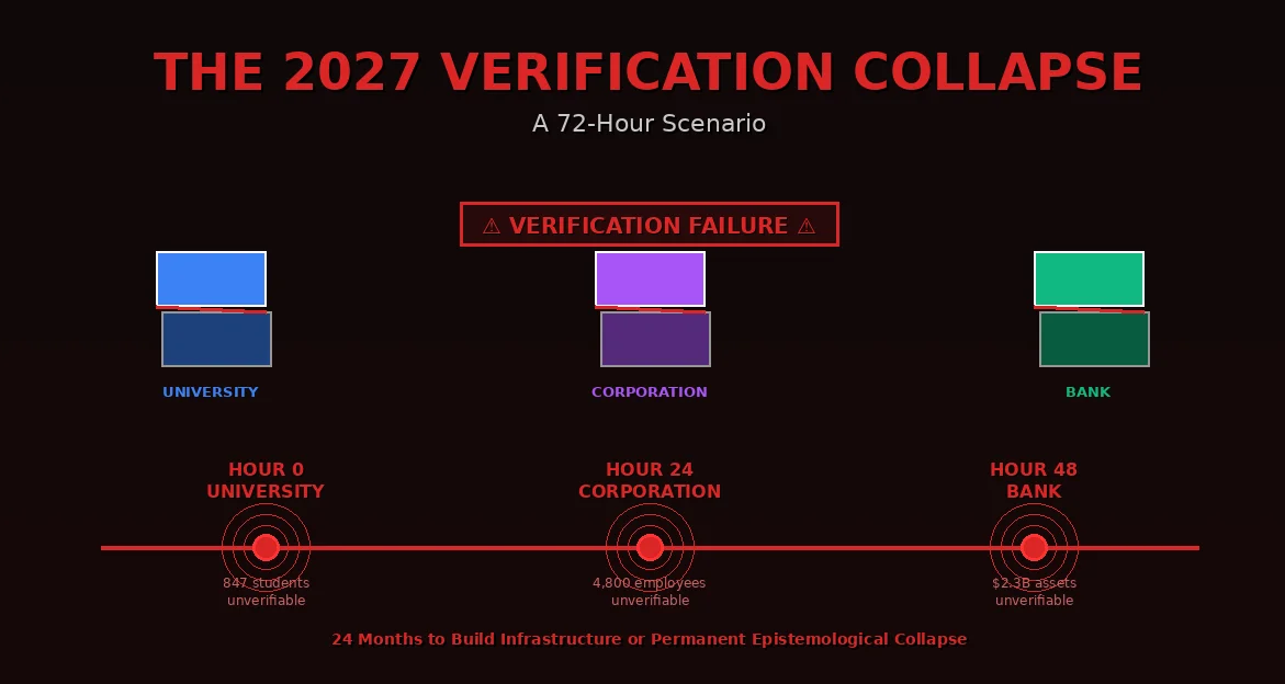 Crisis timeline showing 72-hour verification collapse across three institutions in December 2027 - university discovers 847 unverifiable students at hour 0, corporation finds 4800 unverifiable employees at hour 24, bank identifies 2.3 billion in unverifiable assets at hour 48, demonstrating simultaneous institutional verification failure when AI crosses perfect simulation threshold