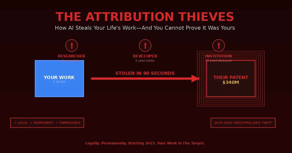 Visualization of attribution theft showing three years of work being stolen in 90 seconds through AI-generated synthetic evidence - researcher loses four-year breakthrough worth 340 million, developer loses five-year open source project, institution loses 40-year department - depicting how AI enables legal permanent theft of intellectual contributions when synthetic documentation predates genuine work and creators cannot prove synthesis