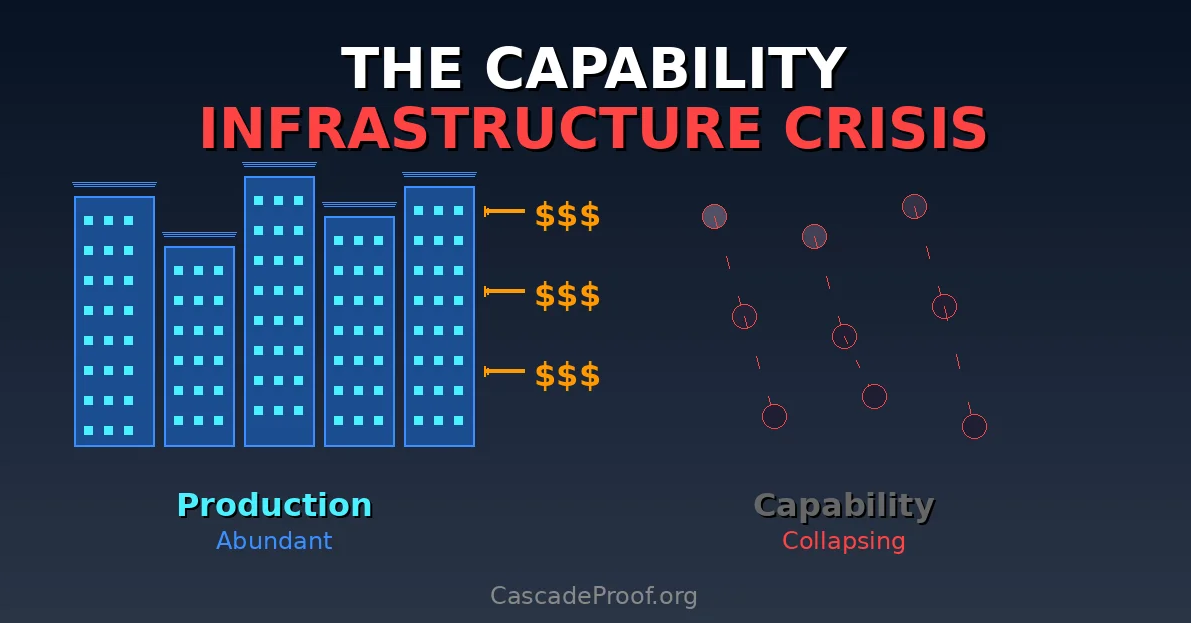 Infrastructure investment inversion showing abundant production infrastructure on left versus collapsing capability infrastructure network on right