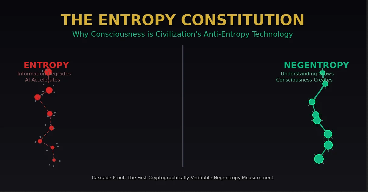 Entropy versus negentropy visualization showing information degradation on left with AI acceleration versus consciousness-generated understanding growth on right, illustrating why Cascade Proof measures civilization's anti-entropy technology through verified capability cascades