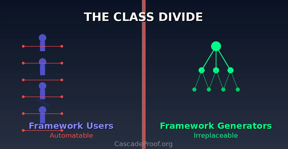 Visual divide showing Framework Users being automated by AI on left versus Framework Generators creating exponential capability cascades on right
