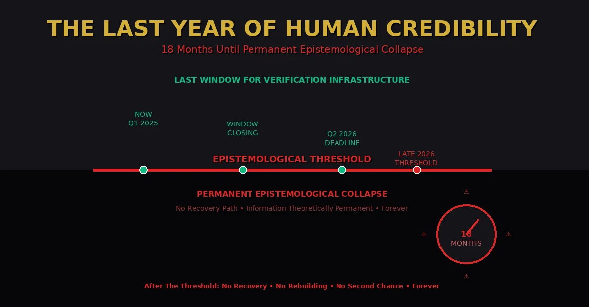 Epistemological threshold visualization showing 18-month window from Q1 2025 to Q2 2026 deadline before permanent collapse, with verifiable zone above threshold and permanent epistemological darkness below threshold marked as information-theoretically irreversible with no recovery path after AI crosses perfect simulation capability