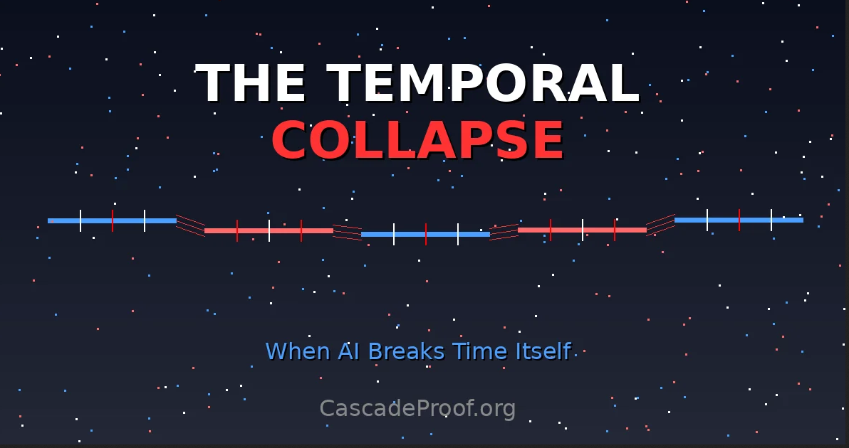 Fragmented timeline visualization showing temporal collapse when AI breaks chronological verification and causation becomes unprovable