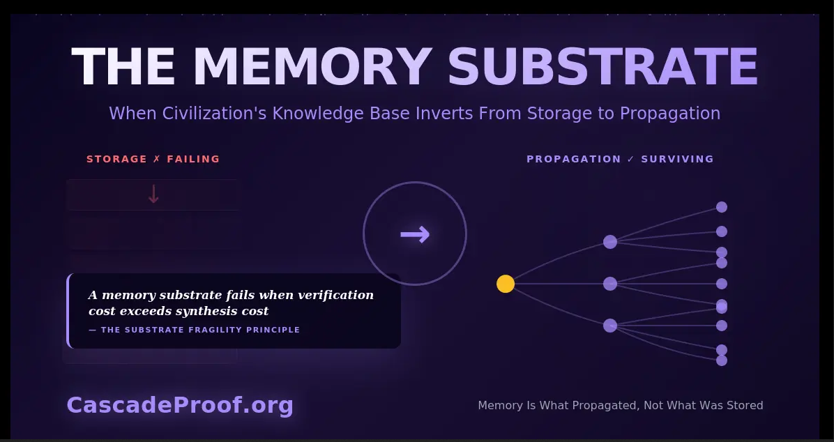 The Memory Substrate visualization showing substrate inversion from failing vertical storage layers to thriving horizontal propagation networks - when civilization's knowledge base shifts from preservation to causation