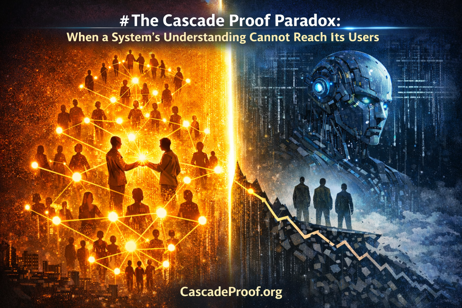 Split visual showing human capability cascades in warm orange on left versus AI system in cold blue on right, illustrating discovery asymmetry paradox